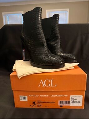 AGL Black Scaled Leather Ankle Booties with Acrylic Block Heel